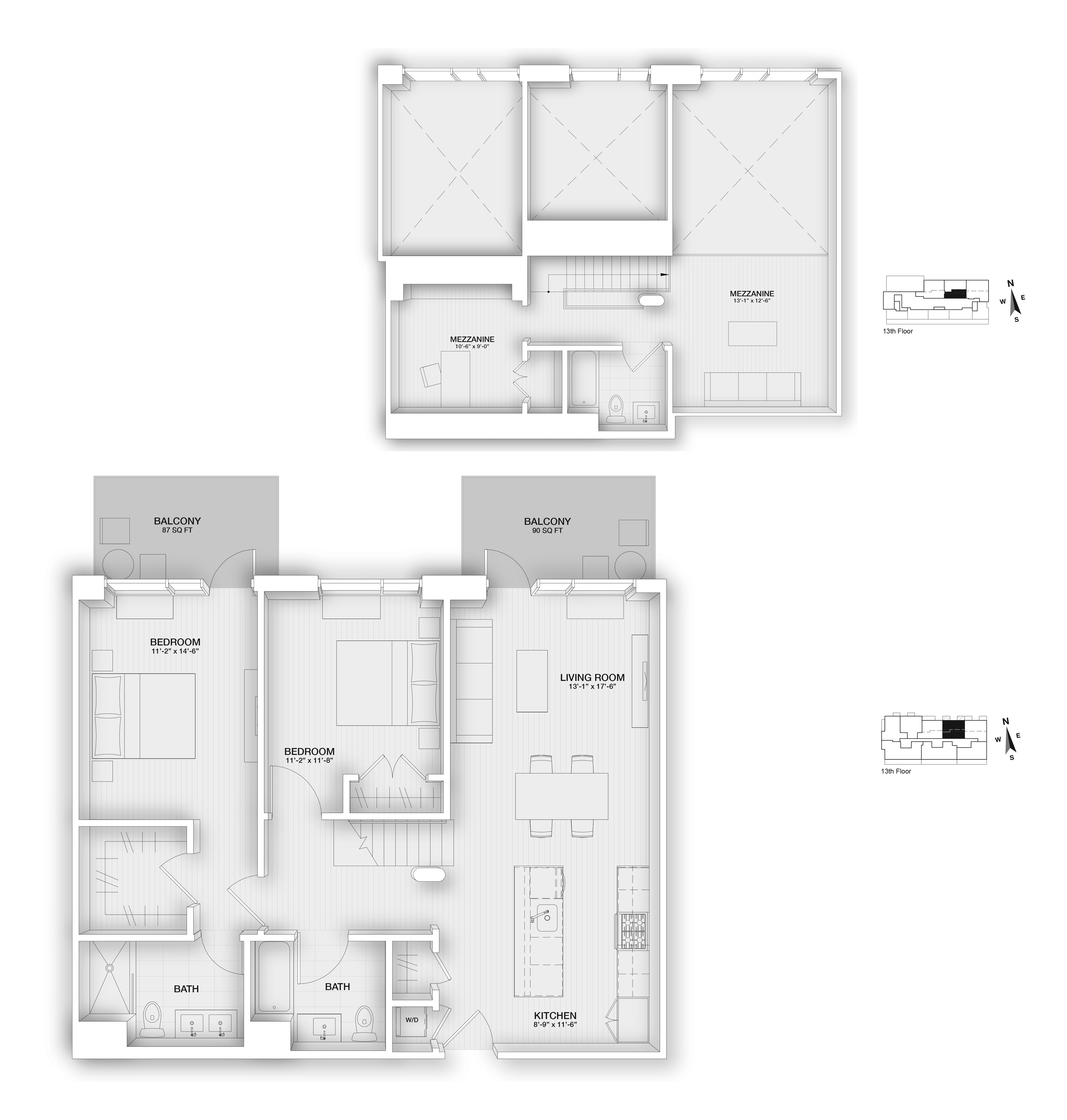 Floor plan for 2 beds, 3 baths, 1464 sqft
